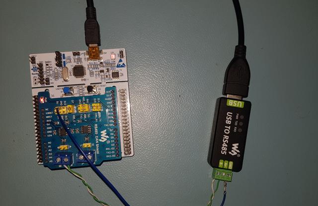Test setup with NUCLEO-F302R8 and USB to RS485 converter.